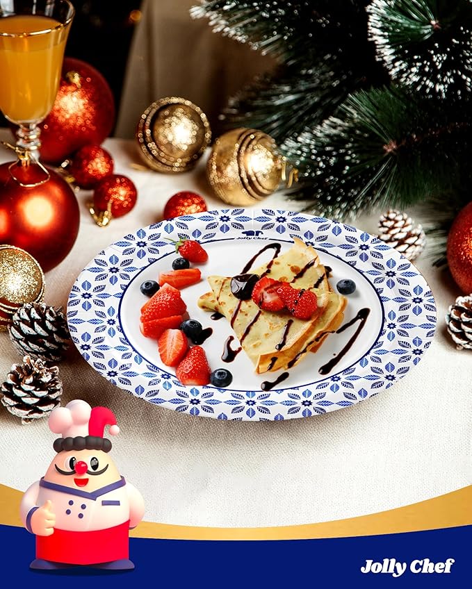 JOLLY CHEF 8.37 inch Disposable Paper Plates 140 Count Soak Proof, Cut Proof, Heavy Duty Printed Disposable Plate for Everyday Use