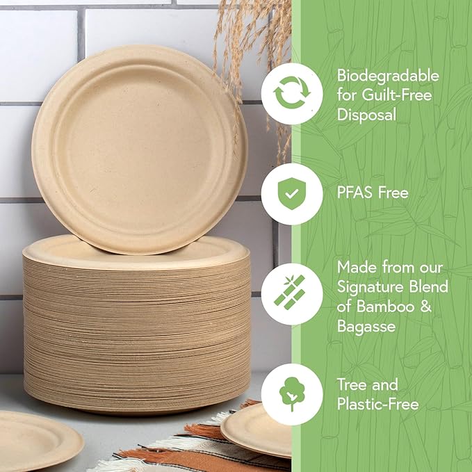 Jenvita Bamboo Paper Disposable Plates with Compartment (125-Pack, 9-inch) - Sturdy & Microwave Safe | Disposable Sectioned Plates | PFAS Free, Biodegradable | FSC Certified Alternative to Plastic