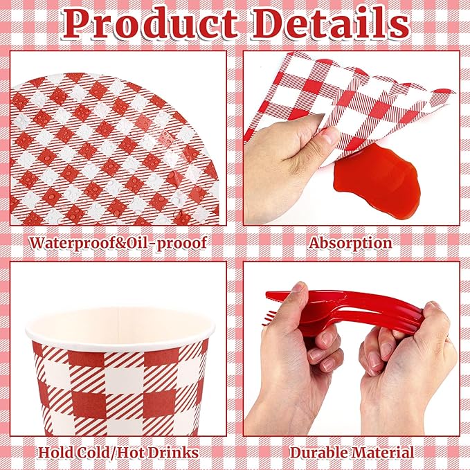 NatNarr 175 Pcs Gingham Party Supplies Include Red Gingham Plates and Napkins Cups Plastic Cutlery Disposable Picnic Party Decorations for Bbq, Pizza, Patriotic, Mothers Day