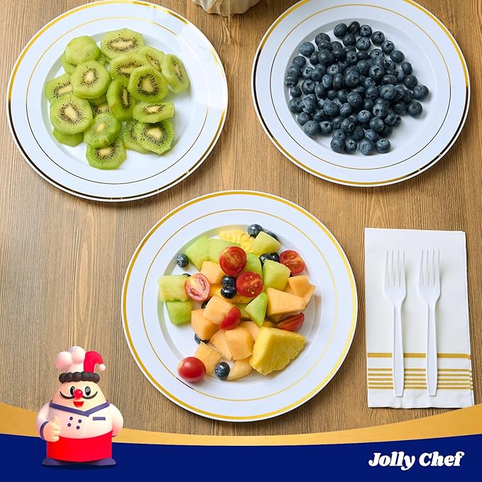 JOLLY CHEF 200 Pieces Gold Plastic Plates, 10 Inch Elegan Disposable Plates White Plate with Gold Rim,Plastic Plates for Christmas、Birthdays and Weddings
