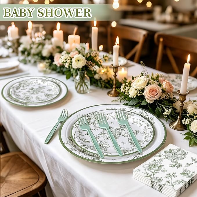 100 Pcs Green and White Floral Party Supplies for 25 Guests, Heavy-Duty 7" & 9" Paper Plates, 2-Ply 13" Napkins & Plastic Forks, Disposable Tableware Set for Bridal Baby Shower and Tea Party