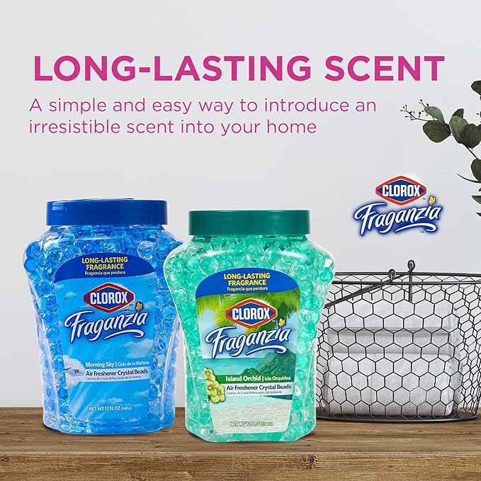 Clorox Fraganzia Crystal Beads Air Freshener, Long Lasting Room Deodorizer and Odor Eliminator Gel Beads to Freshen Home, Car, or Office, Island Orchid Scent, 12 Fl Oz - 12 Pack
