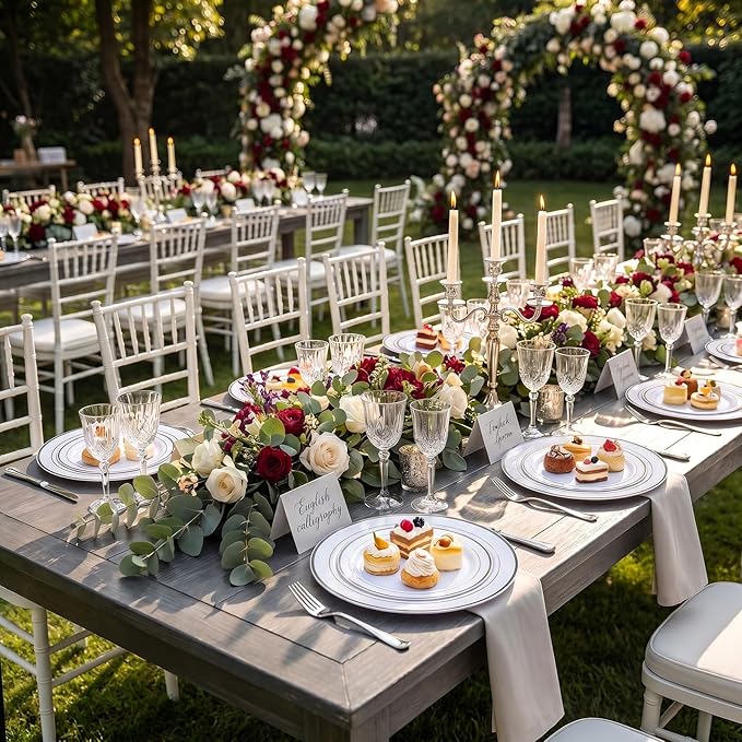 I00000 102pcs Silver Plastic Plates, Disposable Plastic Party Plates with White Silver Rim Fancy Wedding Party Plates Include 51 Dinner Plates 10.25" and 51 Dessert Appetizer Plates 7.5"