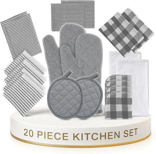 LANE LINEN Kitchen Towels and Oven Mitt Set 20 Pc - Lint Free Cotton Dish Towels for Kitchen Drying, Cozy Terry Dish Rags, Flour Sack Towels for Sourdough Bread Proofing & Quilted Pot Holders - Grey