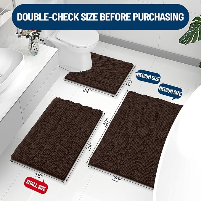 Grandaily Chenille Striped Bathroom Rugs 59x20, Extra Thick and Absorbent Bath Mats, Non-Slip Soft Plush Shaggy Shower Carpet, Machine Wash Dry, Bath Rug for Bathroom, Brown