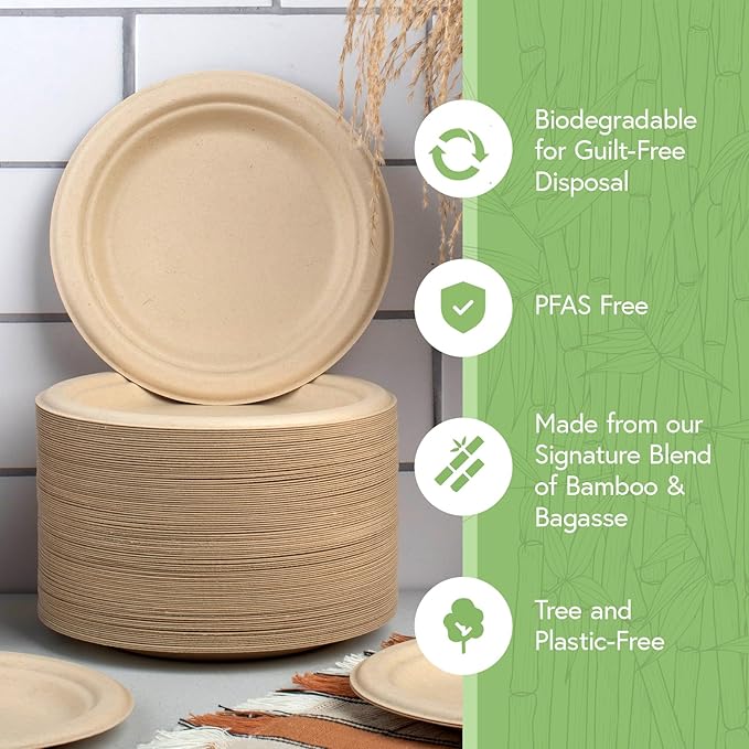 Jenvita Bamboo Eco Friendly Plates (500-Pack, 7-inch) | Sturdy & Microwave Safe | Heavy Duty Disposable Bamboo Plates | PFAS Free, Biodegradable | FSC Certified Alternative to Plastic