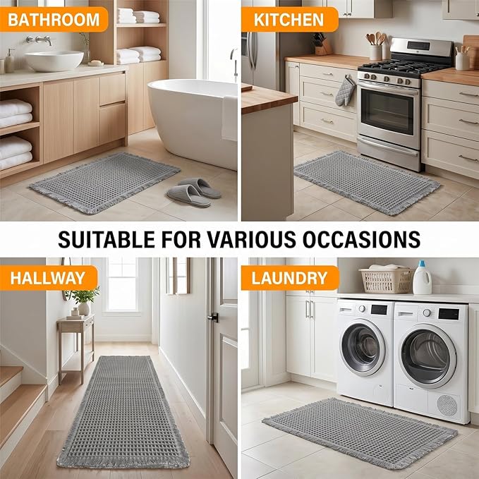 Set of 2 Waffle Bathroom Rugs, Non Slip Absorbent Waffle Knit Bath Mat for Shower Floor, Tub and Bathroom Door, Ultra Soft Quick Dry, Grey, 17"x24"+18"x30"
