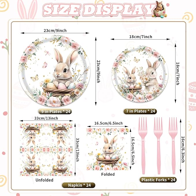 96 Pieces Easter Bunny Eggs Paper Plates and Napkins, Spring Floral Rabbit Disposable Tableware with Plates Napkins Forks for Spring Easter Party Supplies, Baby Shower Birthday Party Decor - Serves 24