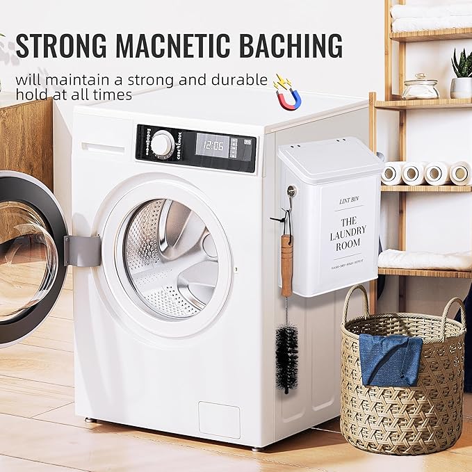 Magnetic Lint Bin for Laundry Room with Lint Brush and Magnetic Hook, Wall Mounted Lint Box with Lid, Farmhouse Laundry Room Decor