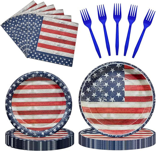 96 Pieces Patriotic Tableware Set Party Supplies - American Flag Pattern Disposable Dinnerware with Paper Plates, Napkins, Forks for Fourth of July, Memorial Day, Veterans Day BBQ Picnic Favors