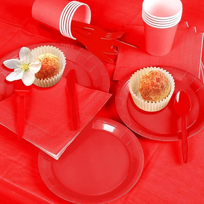 229PCS Red Party Supplies Set Paper Disposable Plates Cups Plastic Spoons Forks Knives Red Napkins for 30 Guests Disposable Party Dinnerware Sets for Wedding Birthday Parties