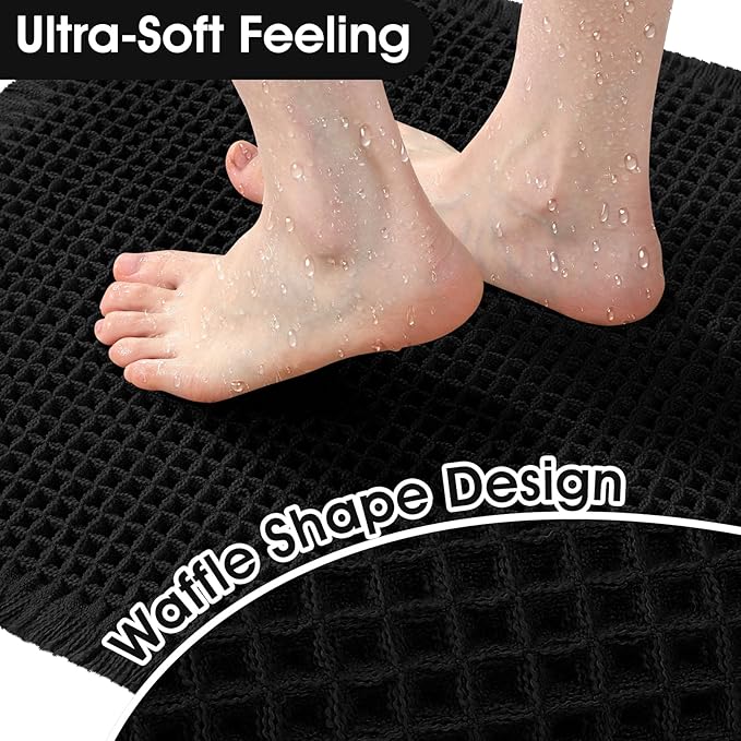 Upgraded Waffle Bath Mat Set 3 Piece Black, Super Absorbent Non-Slip Quick Dry Bathroom Rugs with Tassels, Machine Washable Ultra Soft Boho Bath Rugs for Floor, Toilet Mats Boho Farmhouse Decor