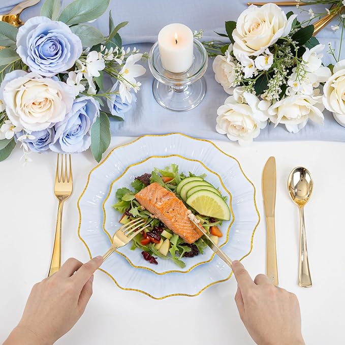 U-QE 150PCS Blue and Gold Plastic Plates with Gold Disposable Silverware for 30 Guests, Vintage Blue Plastic Plates Include 30 Dinner Plate,30 Dessert Plate,90 Cutlery for Bridal Shower, Party