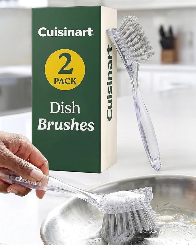Cuisinart Dish Brush with Handle 2 Pack – Kitchen Scrub Brush for Dishes, Pots & Pans, Non-Scratch Dish Scrubber, Firm Bristles for Sink & Cookware, Comfortable Grip for Everyday Cleaning
