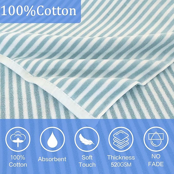 VOOVA & MOVAS Hooded Poncho Towel for Teens Unisex 100% Cotton Calm Gentle Beach Swim Bath Cover Up Teal White Stripe