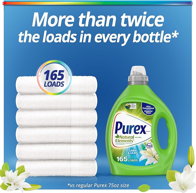 Purex Liquid Laundry Detergent,Ultra Concentrated,Natural Elements Linen & Lilies,82.5 Ounce,165 Loads,(Pack of 2)