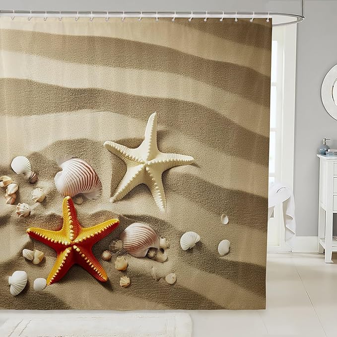 Feelyou Starfish Beach Shower Curtain for Kids Boys Girls Coastal Beach Ocean Shell Print Bathroom Shower Curtain Set Beach Theme Bath Curtain Decor Light Brown Kids Bathroom Accessories 72"x78"
