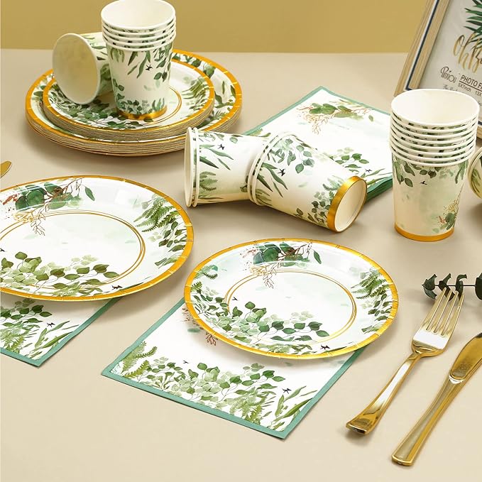 168 Pcs Sage Green Baby Shower Decorations, Sage Green Plates, Bridal Shower Plates and Napkins sets, Eucalyptus Baby Shower Birthday Baptism Wedding Shower Decorations, Serves 24