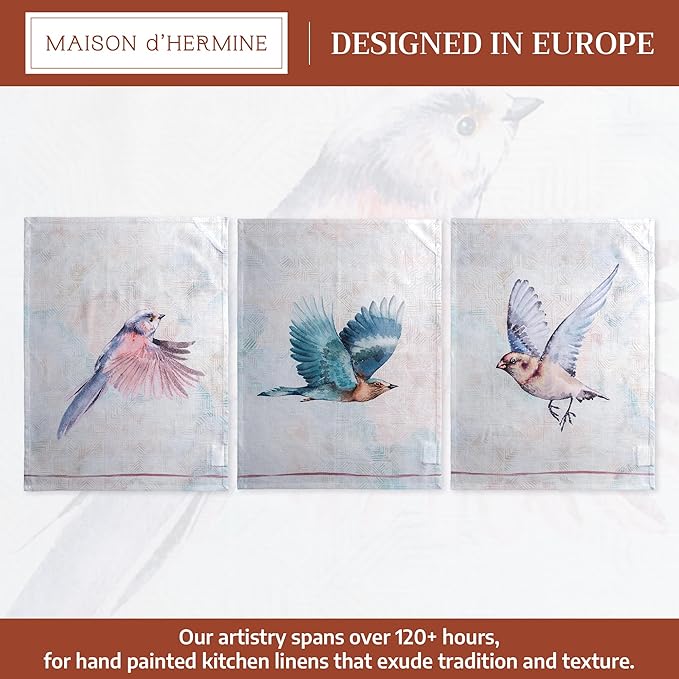 Maison d' Hermine Kitchen Towels Set of 3 100% Cotton 27.50" x 20" Reusable Cloth Tea Dish Towels Absorbent with Hanging Loop for Kitchen Farmhouse Hotel Spring Summer - Flying Birds