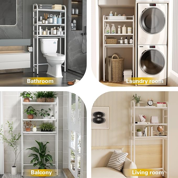 3-Tier Over The Toilet Storage Rack, Freestanding Bathroom Organizer Metal Frame Toilet for Small Spaces, Bathroom, Balcony, Laundry (White)