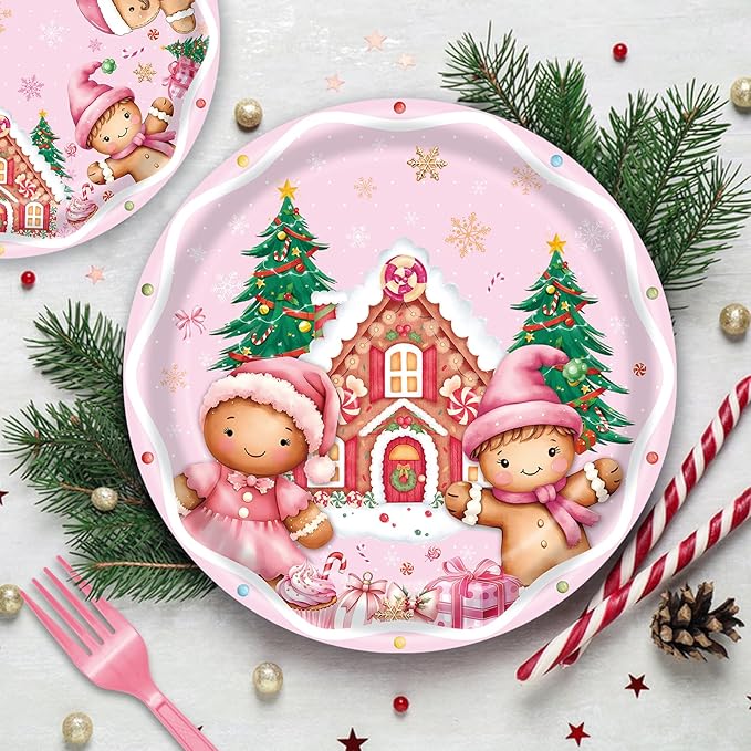 96 Pieces Gingerbread House Plates and Napkins Tableware Set, Pink Christmas Disposable Dinnerware with Paper Plates Napkins and Forks for Xmas Party Supplies Winter Holiday Birthday Decor - Serves 24