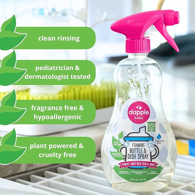 Dapple Baby Fragrance-Free Foaming Bottle & Dish Spray - (2 Pack) 16.9 fl oz - Plant-Powered Cleaner for Baby Bottles, Pump Parts, and Sippy Cups - Includes 1 Pump