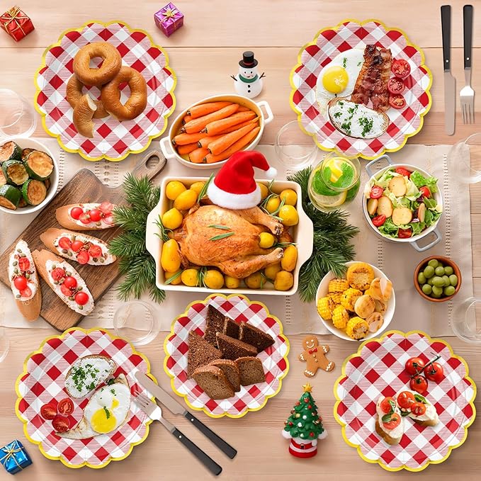 50 Pcs Red and White Checkered Paper Plates, 25 Pcs 9" and 25 Pcs 7" Disposable Christmas New Years Scalloped Plates with Gold Foil for Graduation Wedding Baby Shower Birthday Party Picnic BBQ