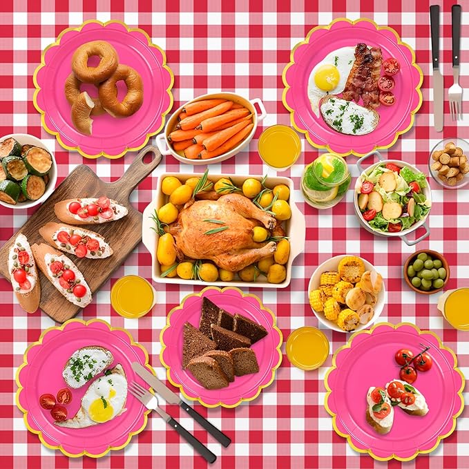 50 Pcs Rose Paper Plates, 25 Pcs 9" and 25 Pcs 7" Disposable Rose Scalloped Plates with Gold Foil for Graduation Wedding Baby Shower Birthday Party Picnic BBQ