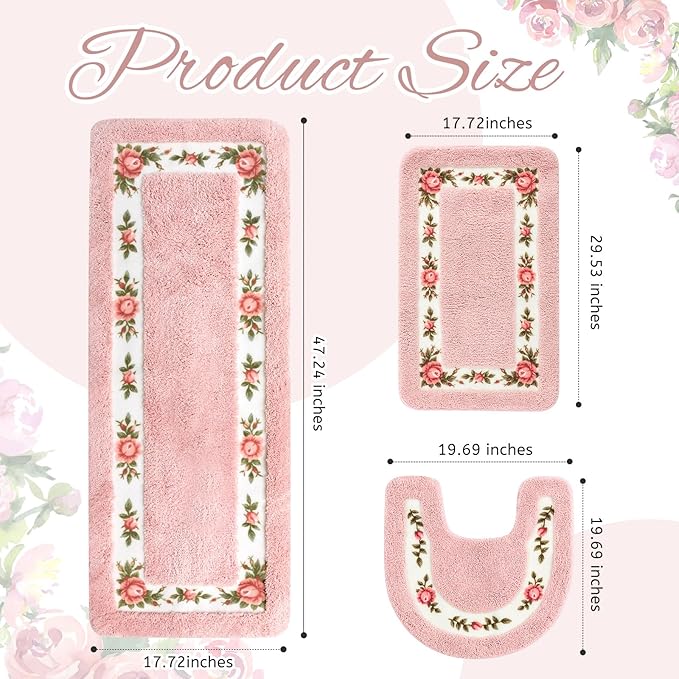 Drydiet 3 Pcs Rose Flowers Bathroom Rugs Set Coquette Room Decor Floral Carpet for Bathroom Bedroom Living Room, Floral Bath Mat Non Skid Romantic Rose Flower Area Rugs 3 Shapes (Pink,Large)