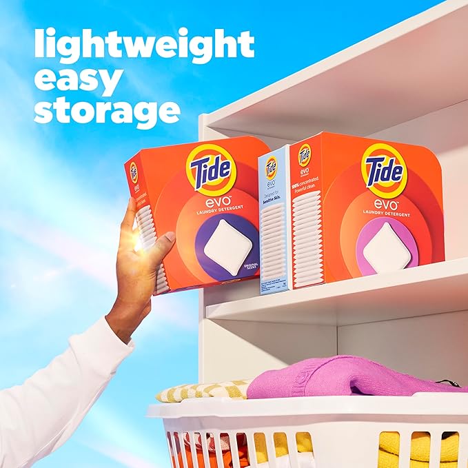Tide evo Spring Blast Scent Laundry Detergent Fiber Tiles Works on 100% of Common Stains Safe for All Machines and Water Conditions Concentrated HE Compatible Clean and Instant Dissolve, 16 Count