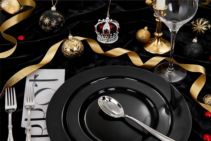 FLOWERCAT 60PCS Black Plastic Plates - Heavy Duty Black Disposable Plates for 30 guests Graduation Party/Wedding/Memorial Day - Include 30PCS 10.25inch Dinner Plates and 30PCS 7.5inch Dessert Plates