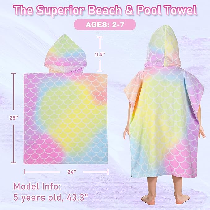 Tirrinia Kids Hooded Beach Towel, Toddler Hooded Bath Towel & Poncho Towel Super Absorbent, Wearable Swim Towel for Kids 3-6 Years Boys Girls at Bath Pool Beach, Birthday Gifts, Rainbow
