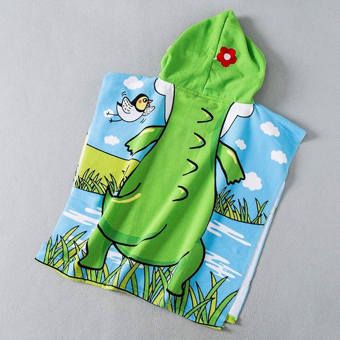TONWHAR Soft Cotton Hooded Beach Towel Poncho for Kids Bath Pool Beach Swim Boys Girls Cartoon Cover-up Cape (Crocodile)
