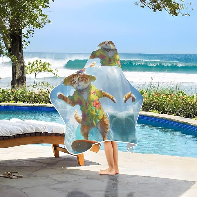 Hooded Towel for Kids Summer Cat Surfing Beach Wrap Bath Towels 50x23.5in
