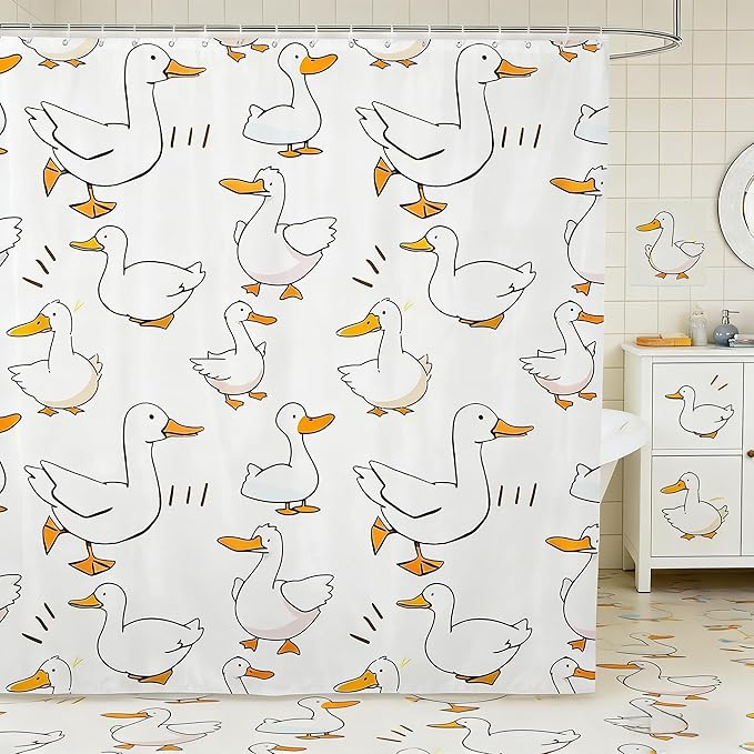 Homewish Cartoon Duck Shower Curtain,Lovely Goose Funny Sketch White Bath Curtain with Hooks,Cute Farmhouse Livestock Animal Waterproof Bathroom Accessories for Bathtublet, 72Wx84L inch