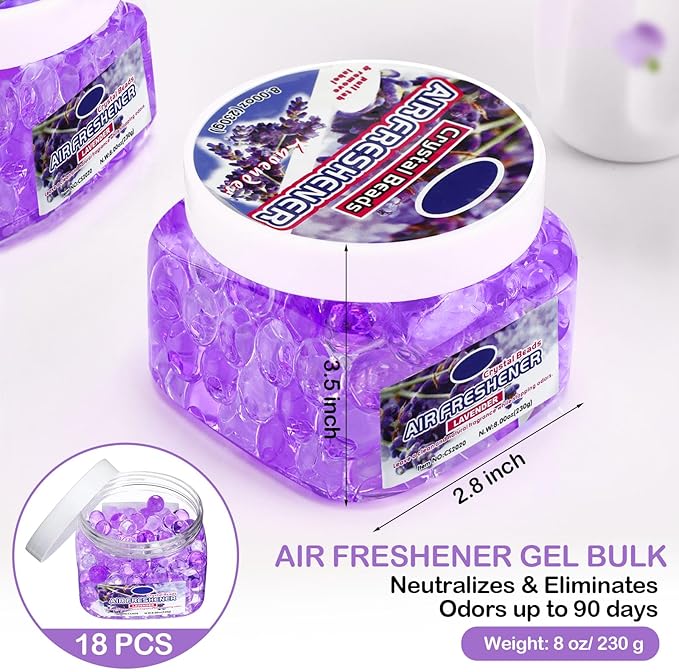 18 Pack Gel Odor Eliminator Beads 8 Ounce Scent Beads Bulk Air Freshener Removing Long Lasting Eliminates Odors for Home, Bathrooms, Cars, Boats, Rvs and Pet Areas(Lavender)