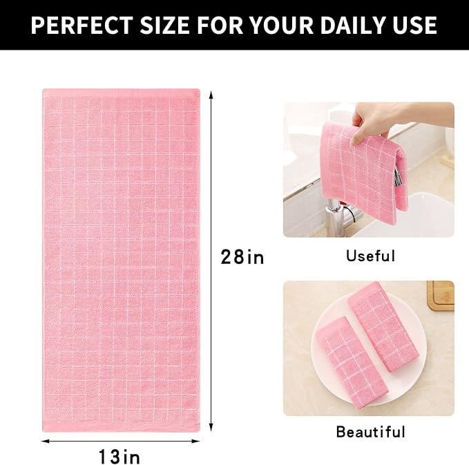 Homaxy 100% Cotton Terry Kitchen Towels(Pink, 13 x 28 inches), Checkered Designed, Soft and Super Absorbent Dish Towels, 18 Pack