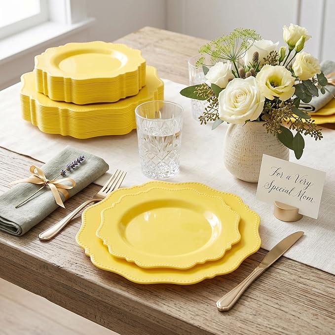 COLOSUS 60Pcs Lemon Yellow Plastic Plates, Mother's Plastic Plates.,Light Baby Yellow Party Plates, Heavy Duty 30 Dinner plate 10.5" and 30 Salad/Dessert Plate 8.25" for Wedding,Party