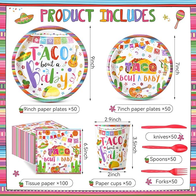 Pickmesh 400 Pcs Taco Bout a Baby Decoration, Mexican Birthday Party Supplies with Taco Plates Napkins Cups and Cutlery, Fiesta Baby Shower Birthday Party Favors for 50 Guests