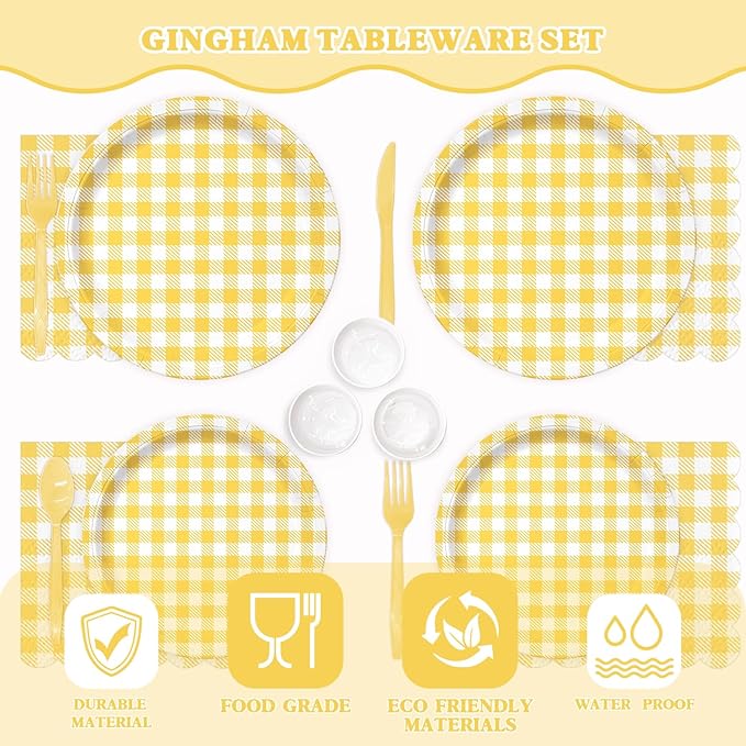 Vyntra Checkered Gingham Paper Plates and Napkins Set for 50" 9" Dinner Plates & 7" Dessert Plate, Birthday Party (Yellow Gingham, 175 Pcs)