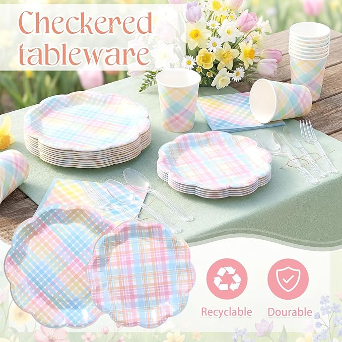 FillTouch 50 Sets Pastel Gingham Disposable Tableware Pastel Paper Plates Cups Napkins Clear Knives Forks Spoons for Birthday Baby Shower Wedding Party Decoration
