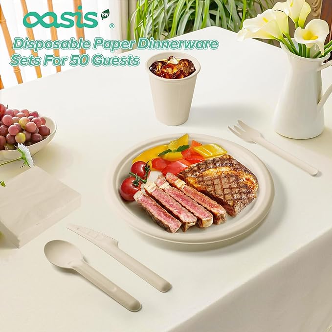 350PCS Disposable Paper Dinnerware Set for 50 Guests, Compostable Includes 50 Each 6" Dessert Plates, 9" Dinner Plates, Cups, Spoons, Forks, Knives and Napkins, Ideal for Parties (Natural)