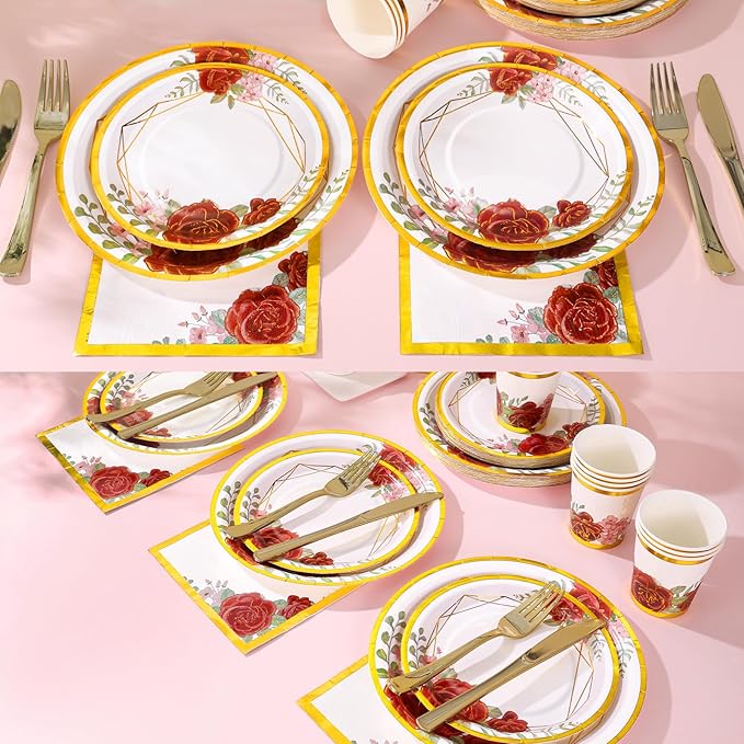 Floral Paper Plates Party Supplies 168PCS Bridal Shower Plates and Napkins Set Disposable Serve 24 Guests, Burgundy Flower Plates Disposable for Women Birthday Party Decorations