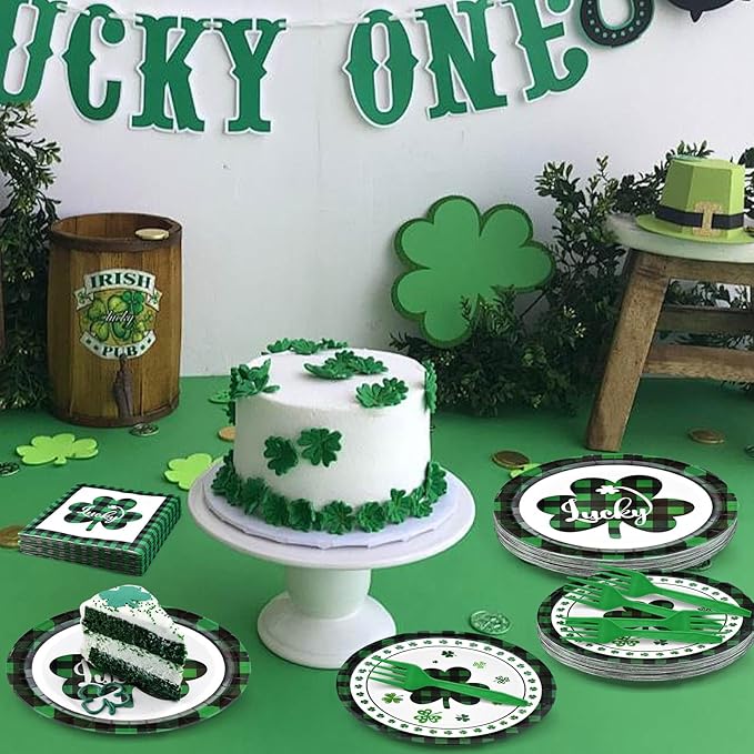 96 Pieces St. Patrick’s Day Tableware Set – Green and Black Plaid Shamrock Disposable Plates, Napkins, and Forks for Irish Party, Lucky Clover Celebration St. Paddy’s Day Dinner – Serves 24 Guests