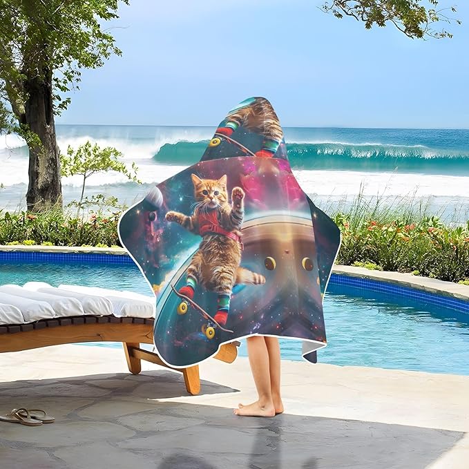 Hooded Towel for Kids Astronaut Cat Skateboard on Saturn's Rings Beach Wrap Bath Towels 50x23.5in
