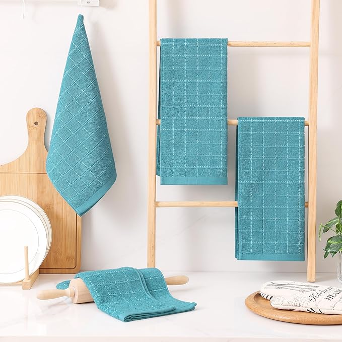 Homaxy 100% Cotton Terry Kitchen Towels(Lake Blue, 13 x 28 inches), Checkered Designed, Soft and Super Absorbent Dish Towels, 6 Pack