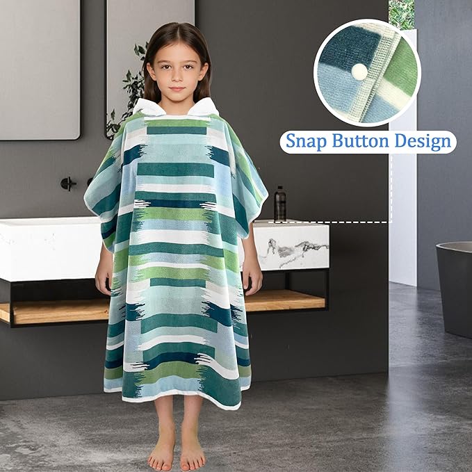 VOOVA & MOVAS Hooded Poncho Towel for Teens Unisex 100% Cotton Trendy Stylish Beach Pool Swim Cover Up Green Blue Geometric Pattern