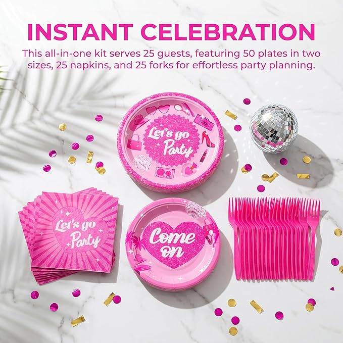 100 Pcs Let's Go Party Supplies for 25 Guests, Heavy-Duty 7" & 9" Paper Plates, 2-Ply 13" Napkins & Plastic Forks, Disposable Pink Tableware Set for Wedding Bridal Shower Party