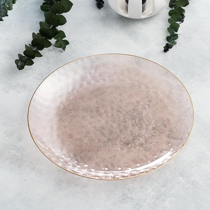 PLASTICPRO 30 Pack Hammered Plastic Plates Heavyweight Disposable Plastic Plates Elegant Rose Hammered with Gold Rim Platsic Party Dishes (Rose With Gold Rim, 10'' INCH PLATES)