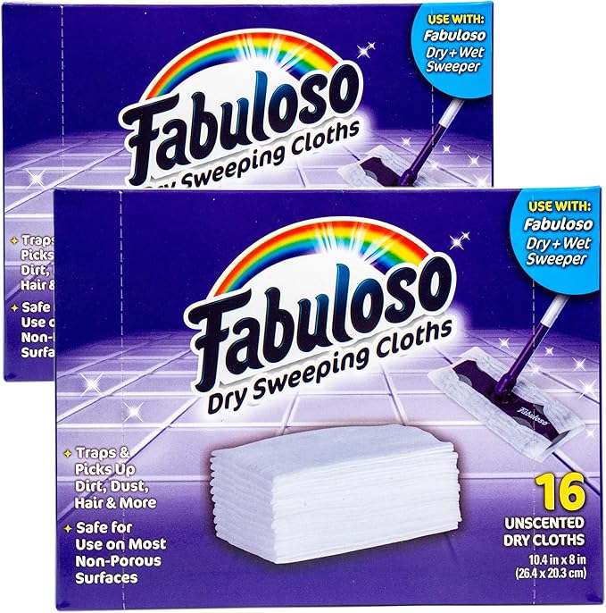 Fabuloso Dry Cloths Sweeping Pads, 16 Count, Disposable Dry Cloths for Use with Fabuloso Dry and Wet Sweeper, Traps and Locks Dirt, Dust, and Hair, 10.4 x 8 Inches Each - 2 Pack